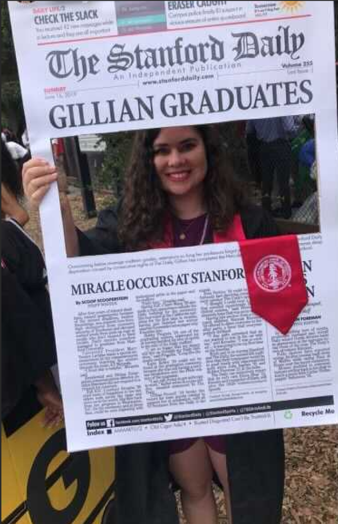 Gillian with a cutout poster reading "Gillian Graduates" in the layout style of The Stanford Daily's print paper.